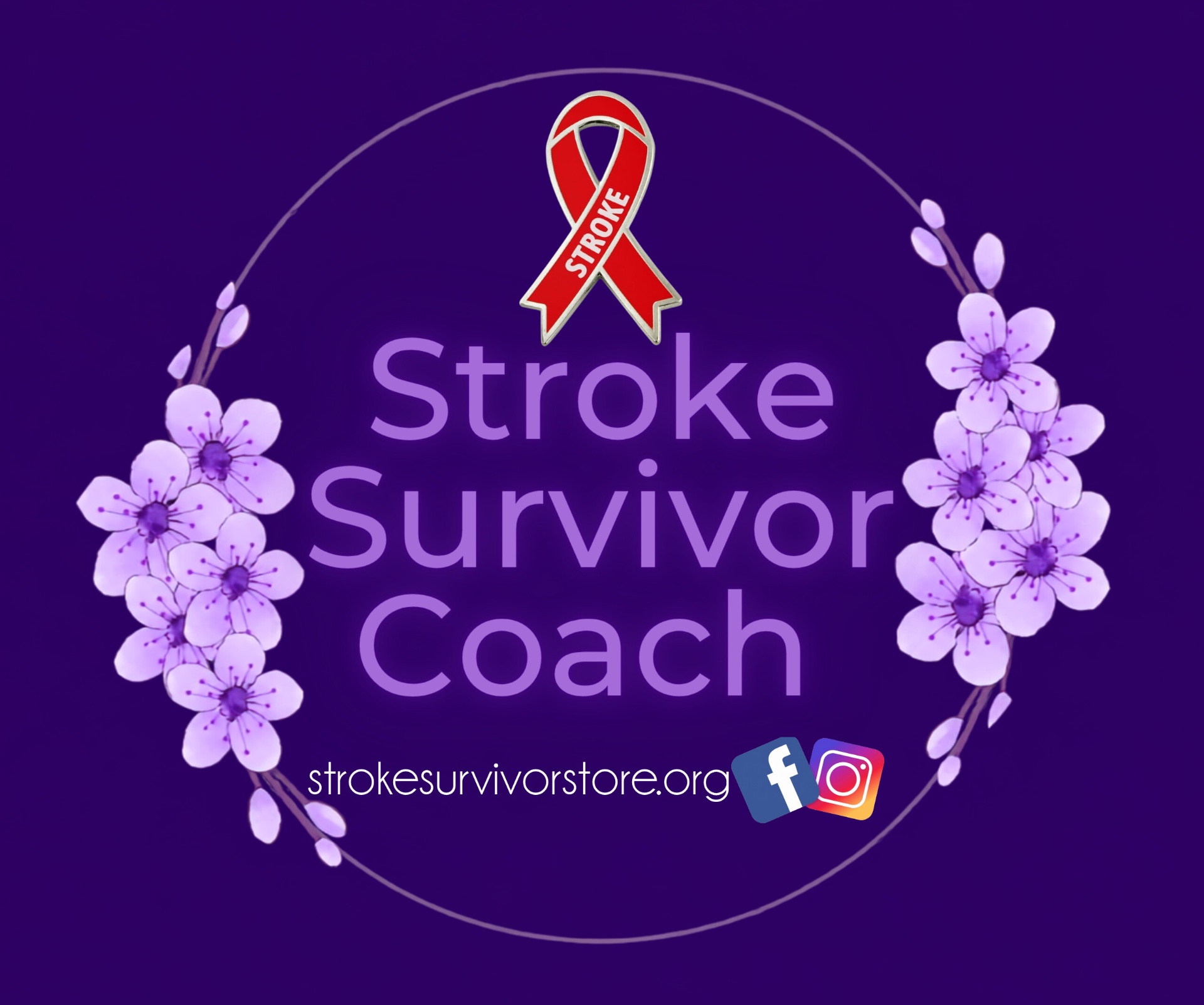 Stroke Survivor Coach logo with purple blossoms and red awareness ribbon