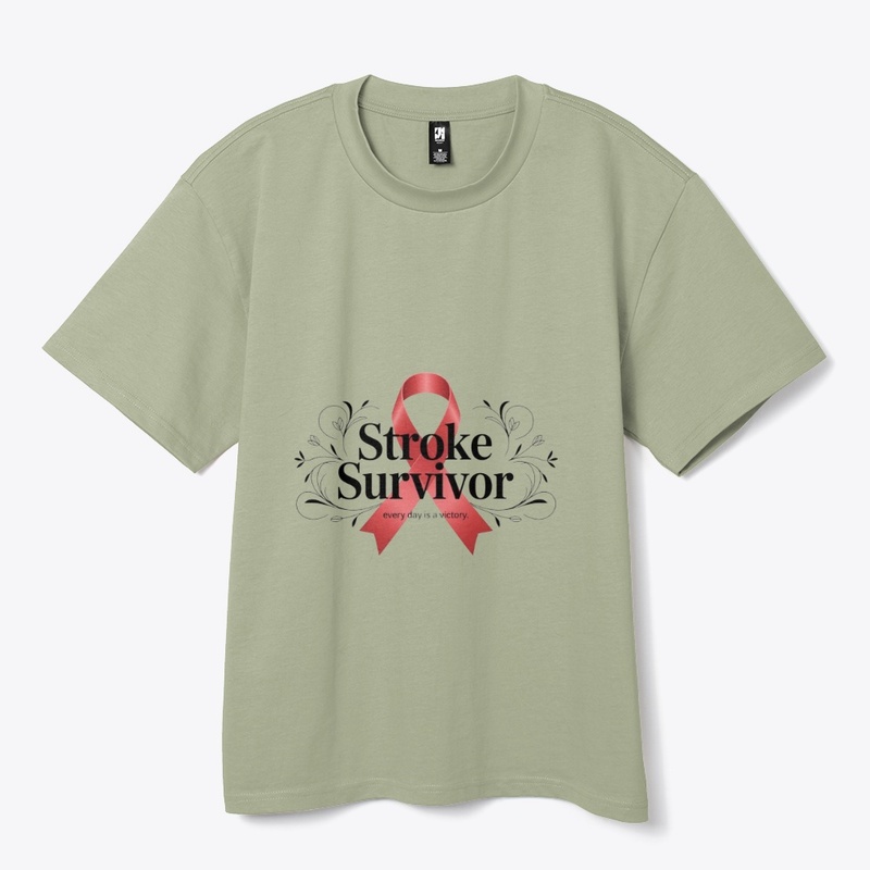 Sage green Stroke Survivor t-shirt with red ribbon